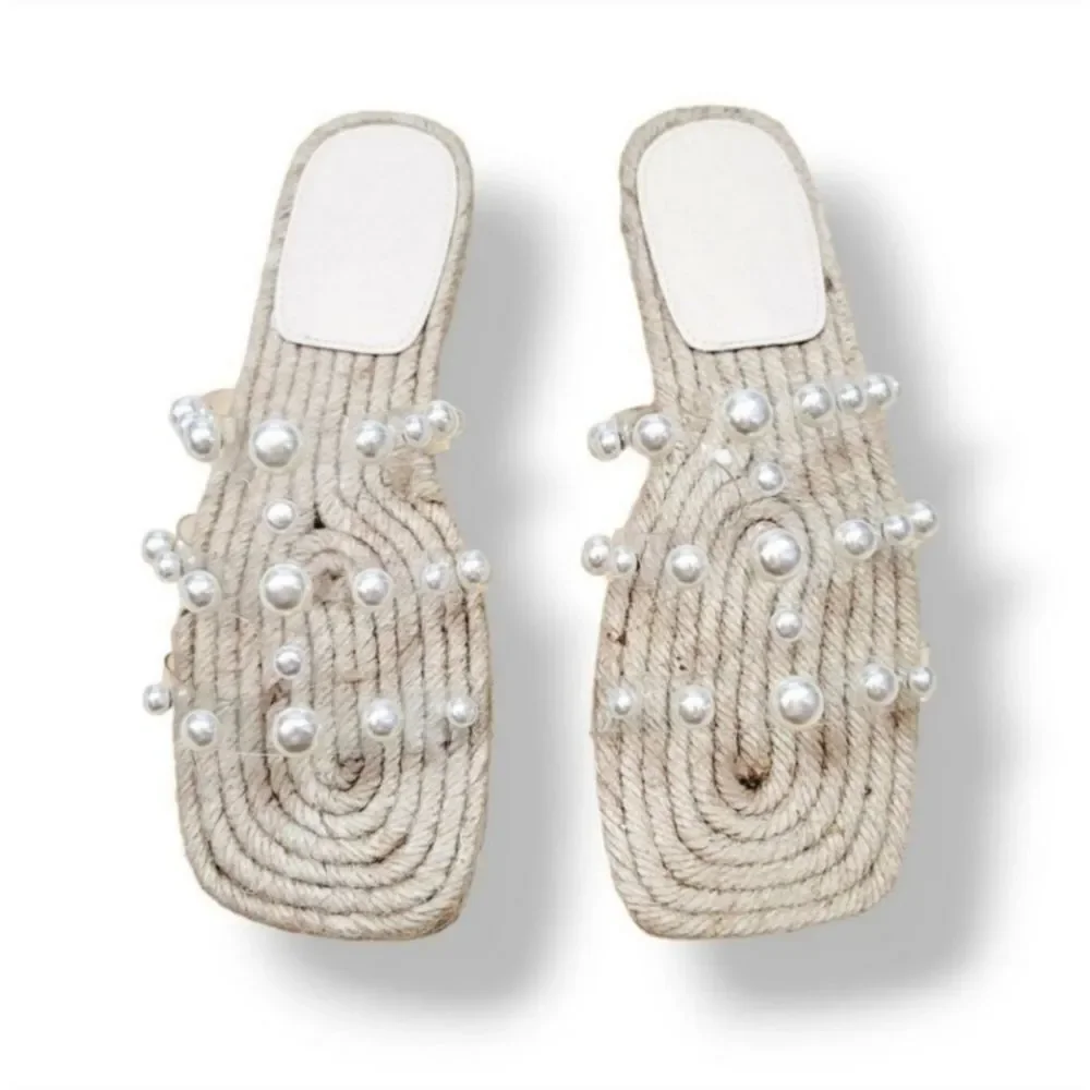 NEW Pearl Transparent Strappy Slip On Square Toe Jute Rope Sandal Size 36/6